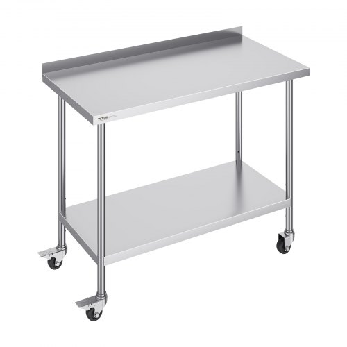 VEVOR 24 x 48 x 40 Inch Stainless Steel Work Table, Commercial Food Prep Worktable with Casters, Heavy Duty Prep Worktable, Metal Work Table with Adju