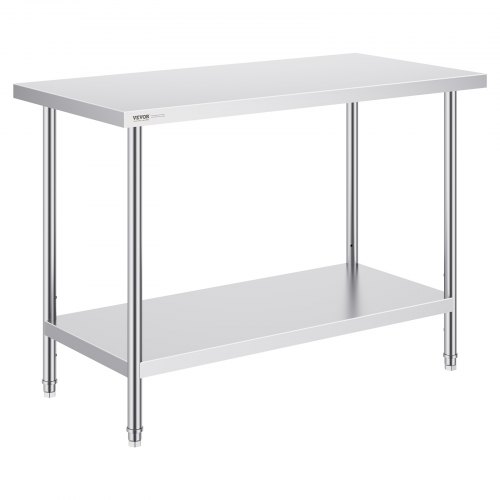 VEVOR Stainless Steel Prep Table, 24 x 48 x 34 Inch, Heavy Duty Metal Worktable with 3 Adjustable Height Levels, Commercial Workstation for Kitchen Ga