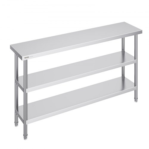 VEVOR Stainless Steel Food Prep Table, 14 x 60 x 34 Inch Commercial Kitchen Worktable, with 2 Adjustable Undershelf, Heavy Duty Prep Table Metal Work