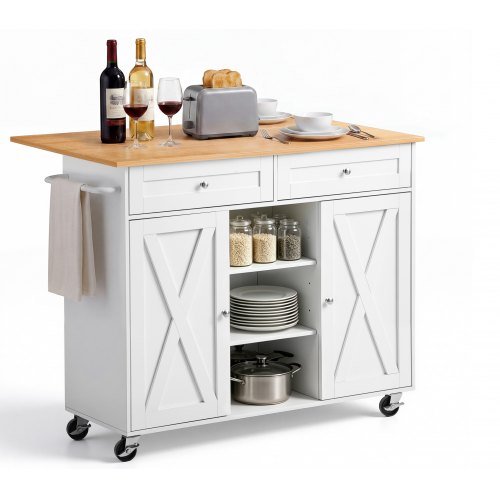 

VEVOR Kitchen Island Cart with Storage, 45.67 in Wide Mobile Rolling Storage Island on Swivel Wheels, with 2 Drawers, Storage Cabinet, Drop Leaf, Towel Rack, Table for Home Dining Room, White