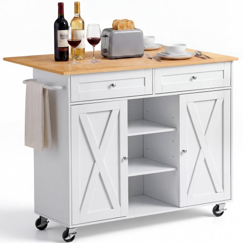 

VEVOR Kitchen Island Cart with Storage, 45.67 in Wide Mobile Rolling Storage Island on Swivel Wheels, with 2 Drawers, Storage Cabinet, Drop Leaf, Towel Rack, Table for Home Dining Room, White