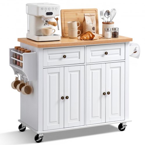 Vevor Kitchen Island Cart With Storage, 43.7 In Wide Mobile Rolling Storage Island On Swivel Wheels, With 2 Drawers, Storage Cabinet, Spice/Towel Rack-image
