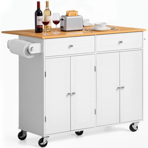 

VEVOR Kitchen Island Cart with Storage, 47.64 in Wide Mobile Rolling Storage Island on Swivel Wheels, with 2 Drawers, Storage Cabinet, Drop Leaf, Towel Rack, Table for Home Dining Room, White