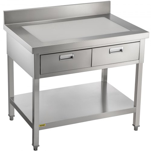 VEVOR Stainless Steel Work Table 24 x 42 in Commercial Food Prep Worktable with 2 Drawers, Undershelf and Backsplash, 992 lbs Load Stainless Steel Kitchen Island for Restaurant, Home and Hotel