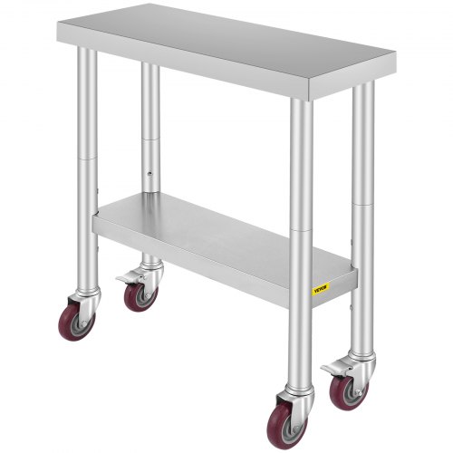 VEVOR 30x12x34 Inch Stainless Steel Work Table 3-Stage Adjustable Shelf with 4 Wheels Heavy Duty Commercial Food Prep Worktable with Brake for Kitchen Prep Work