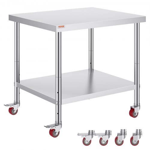 VEVOR 30x36x34 Inch Stainless Steel Work Table 3-Stage Adjustable Shelf with 4 Wheels Heavy Duty Commercial Food Prep Worktable with Brake for Kitchen
