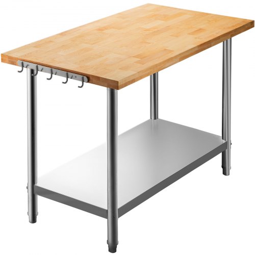 VEVOR Maple Top Work Table, Stainless Steel Kitchen Prep Table Wood, 36 x 30 Inches Metal Kitchen Table with Lower Shelf and Feet Stainless Steel Table for Prep & Work Outdoor Prep Table for Kitchen