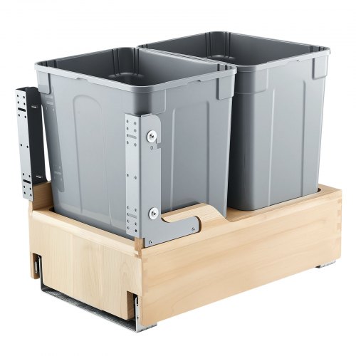 VEVOR Wood Pullout Trash Can for Kitchen Cabinets, 35 QT Garbage Waste Recycling Bin, Under Mount Waste Container, with Heavy Duty Metal Soft Close Sliding System, Door Kit, for Sink, Under Counter