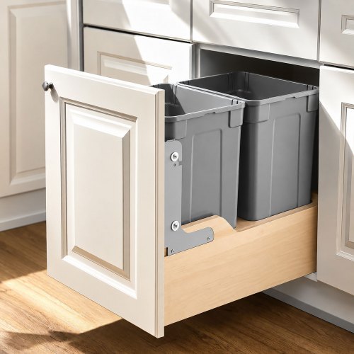 Vevor Wood Pullout Trash Can for Kitchen Cabinets, 35 QT x2 Double Under Sink Garbage Waste Recycling Bin, Under Mount Waste Container, with Heavy Duty Metal Soft Close Sliding System and Door Kit