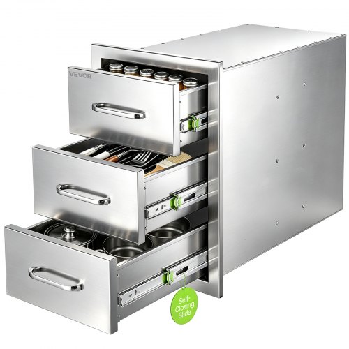 VEVOR Outdoor Kitchen Drawers, 22"W x 20"H x 14"D, 3-Tier Storage Access, for BBQ Island Storage, Patio Bars and Grill Station, with Handle, Built-In BBQ Island Drawers Organize Cookware Accessories