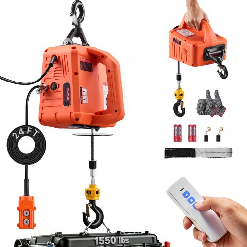 VEVOR 3-in-1 Electric Hoist Winch, 1550 lbs Capacity, 1500W Portable Power Winch Crane, 25 ft Lifting Height, 16.4 ft/min with Manual, Wired and Wirel