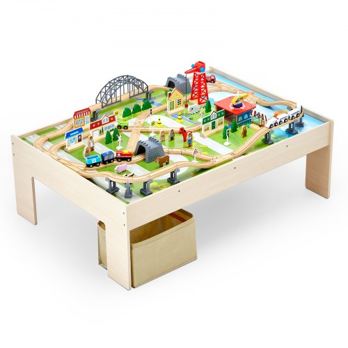 

VEVOR Train Table 120 PCS Wooden Kids Activity Table with Folding Storage Bin