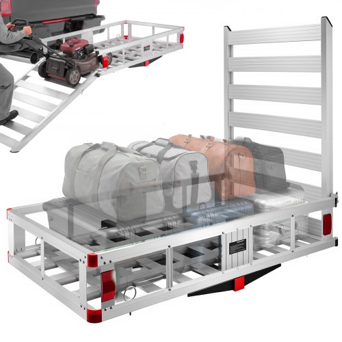 VEVOR 50 x 29.5 x 8.7 inch Hitch Cargo Carrier, 500lbs Capacity Trailer Hitch Mounted Cargo Basket, Aluminum Luggage Carrier Rack with Folding Ramp, Fits 2" Hitch Receiver for SUV Truck Pickup Camping
