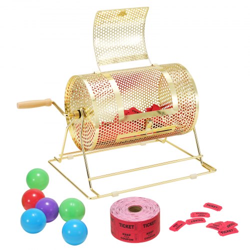 

VEVOR Raffle Drum, 11.6 x Ø7.48 inch Brass Plated Raffle Ticket Spinning Cage, Holds 2500 Tickets or 100 Ping Pong Balls, Metal Lottery Spinning Drawing with Wooden Turning Handle, for Bingo Ballot Pa