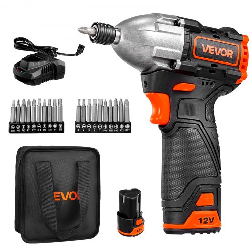 

VEVOR Impact Driver, 1/4 Inch, 3000 RPM Max Speed, 12 V Brushless Motor, Electric Cordless Impact Driver Kit with Battery and Charger, 20 Bits, LED Work Light, for Furniture, Electrical, Home Repairs