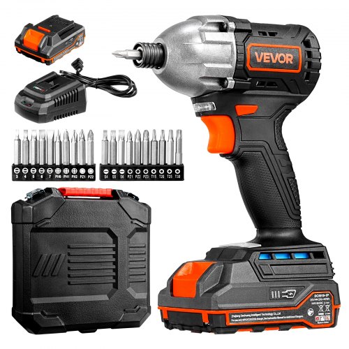 

VEVOR Impact Driver, 1/4 Inch, 2800 RPM Max Speed, 20 V Brushless Motor, Electric Cordless Impact Driver Kit with Battery and Charger, 20 Bits, LED Work Light, for Furniture, Electrical, Home Repairs