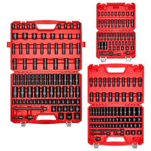 VEVOR 210 Piece Drive Impact Socket Set, 1/4, 3/8, 1/2 Inch, 6 Point Deep & Shallow Impact Sockets, SAE (3/16 to 1-1/4 in) and Metric (4 to 32 mm) Sizes with Extension Bars, Cr-Mo Steel, Carrying Case