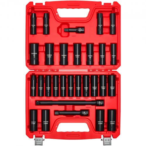 

VEVOR 1/2 in Drive Impact Socket Set, 29 Piece, 6 Point Deep Impact Sockets, SAE (3/8 to 1 inch) and Metric (10 to 24 mm) Sizes with Extension Bars (3, 5, 10 in), Cr-V Steel, Heavy Duty Carrying Case