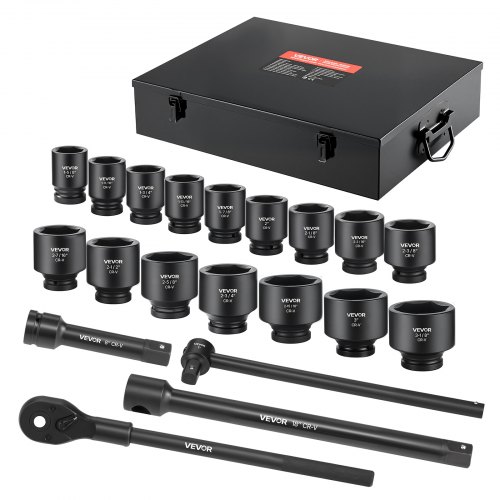 

VEVOR 1 in Drive Impact Socket Set, 21 Piece, 6 Point Shallow Impact Sockets, SAE (1-5/8 in to 3-1/8 in), with 8 in & 18 in Extension Bars, 24 in Ratchet, Cr-V Steel, Size Marking, and Carrying Case