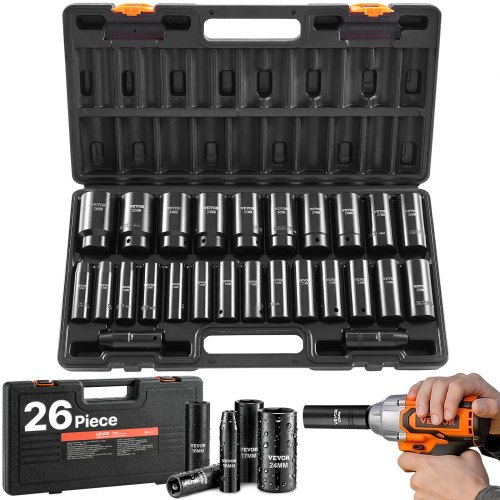 VEVOR Impact Socket Set, 1/2" Drive, 26-Piece Impact Sockets, 6-Point Sockets, Metric 10-30 mm, 32-36 mm, Easy to Identify, with a Sturdy Storage Case, Cr-V Alloy Steel Structure, for Vehicles Repair