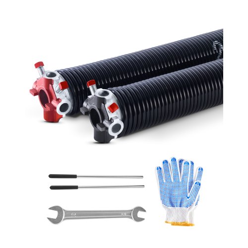 

VEVOR Garage Door Torsion Springs, Pair of 0.225 x 2 x 27 in, 16000 Cycles, Electrophoresis Black Coated for Replacement, Garage Door Springs with Non-Slip Winding Bars, Gloves and Mounting Wrench