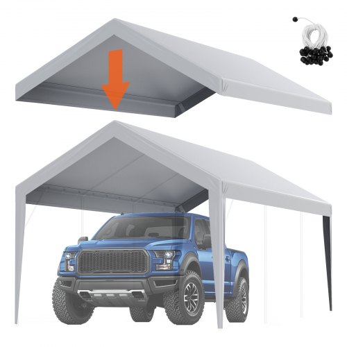 

VEVOR Carport Replacement Canopy Cover 10 x 20 ft, Garage Top Tent Shelter Tarp Heavy-Duty Waterproof & UV Protected, Easy Installation with Ball Bungees,Grey (Only Top Cover, Frame Not Include)