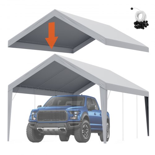 

VEVOR Carport Replacement Canopy Cover 12 x 20 ft, Garage Top Tent Shelter Tarp Heavy-Duty Waterproof & UV Protected, Easy Installation with Ball Bungees,Grey (Only Top Cover, Frame Not Include)