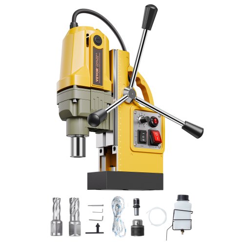VEVOR Magnetic Drill, 1200W Motor 1.6 in Boring Diameter, 2810 lbf Electric Mag Drill Press, with 2 Coring Bits, Variable Speed, Drilling Machine for Metal Surface, Home Improvement Industry, Yellow