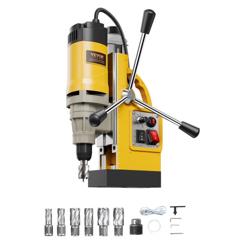 VEVOR Magnetic Drill, 1400W Motor 2 in Boring Diameter, 2878 lbf Electric Mag Drill Press, with 6 Coring Bits, Variable Speed, Drilling Machine for Metal Surface, Home Improvement Industry, Yellow