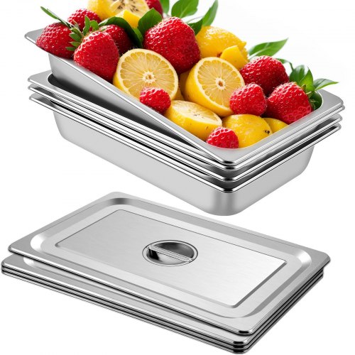 

VEVOR 4 Pack Hotel Pan 3.7" Deep Steam Table Pan Full Size with Lid 20.8"L x 13"W Hotel Pan 22 Gauge Stainless Steel Anti Jam Steam Table Pan