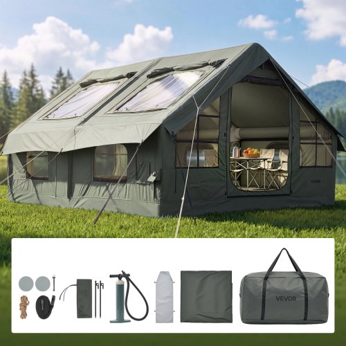 VEVOR Inflatable Tent for Camping 5-8 Person Blow Up Tent with Pump Green, for Family Outdoor Glamping, Waterproof Poly-Cotton, Easy Setup Air House w