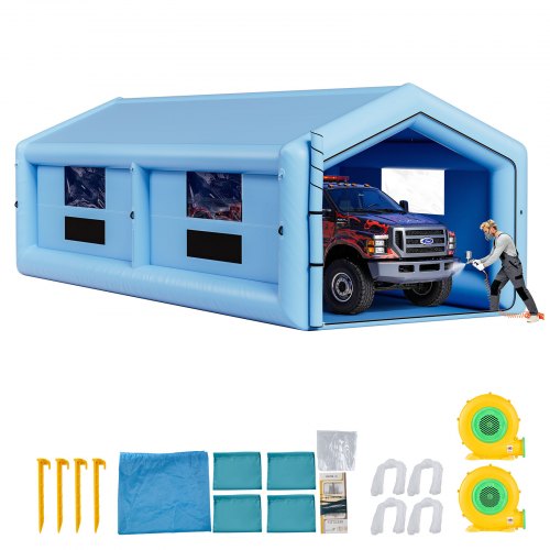 

VEVOR Inflatable Paint Booth, 39.37 x 16.40 x 13.12 ft, Inflatable Spray Booth with 950W+1100W Blowers, Air Filter System, Triangular Roof, for Painting Car, Truck, Furniture, Automotive Sheet Metal