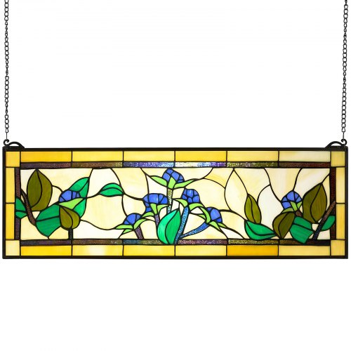 

VEVOR Stained Glass Window Panel, 35.2" x 13.1" Tiffany Style Hanging Transom Window Panel with Chain, Large Horizontal Rectangle Stain Glass, Vintage Traditional Art Handcrafts for Kitchen Home Decor