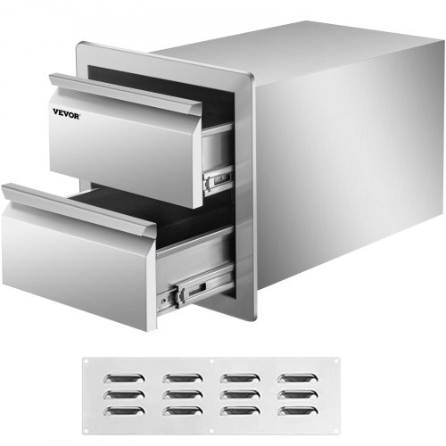 VEVOR 14W x 14.5H x 23D Inch Flush Mount Stainless Steel Double Drawers with Recessed Handles for Outdoor Kitchens or BBQ Island