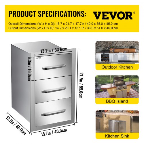 Details about   VEVOR Stainless Steel Single Drawer BBQ 35*21CM Outdoor Kitchen Drawer Storage 