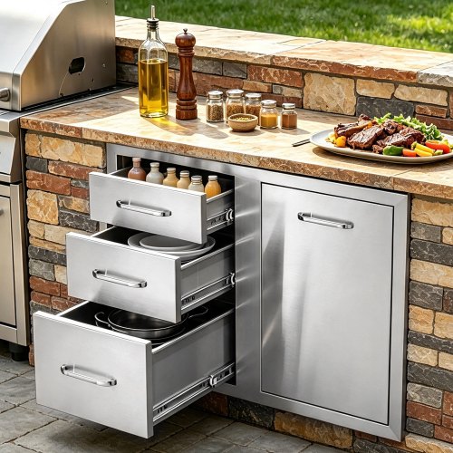 Vevor Outdoor Kitchen Door Drawer Combo 29.5" W x 22.6" H x 21.7''D, Access Door/Triple Drawers with Propane Drawer and Adjustable Garbage Ring, Perfect for BBQ Island Patio Grill Station