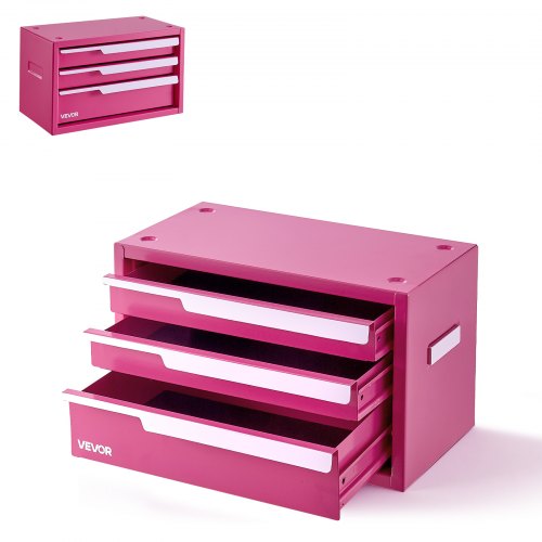 Vevor Steel Tool Box with 3 Drawers Portable Metal Toolbox Heavy Duty Pink, for Garage Workshop Repair Shop Workbench, Magnetic Design, Tool Chest Cabinet Storage Organizer, with Protective Liners