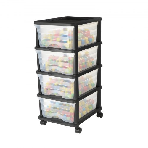 VEVOR Plastic Storage Drawers Cart, 4 Drawers Storage Organizer with Wheels, Rolling Closet Organization and Storage Dividers, Dresser Organizer Clear Bins for Office Supplies, Craft Rooms, Classrooms
