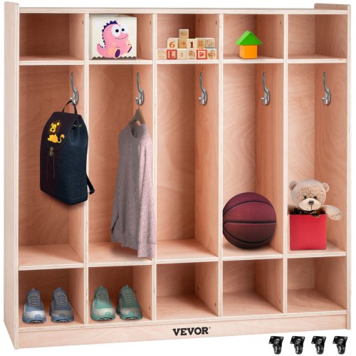 VEVOR Coat Locker, 5-Section Daycare Cubby Coat Rack 48x12x48 inch, Classroom Coat Locker and Backpack Hanger, with 5 Hooks and Storage Boxes, for Kin
