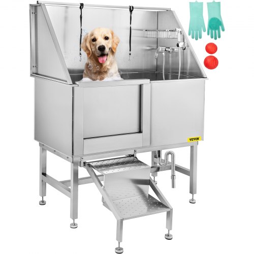 VEVOR 50 Inch Dog Grooming Tub Professional Stainless Steel Pet Dog Bath Tub with Steps Faucet & Accessories Dog Washing Station Left-Door