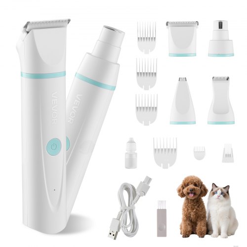 

VEVOR Dog Clippers for Grooming, 4 in 1 Dog Grooming Kit, Low Noise, Rechargeable Pet Shaver with 6 Combs & 4 Detachable Blades, Waterproof Cordless Pet Hair Trimmers Nail Grinder Set for Dogs Cats