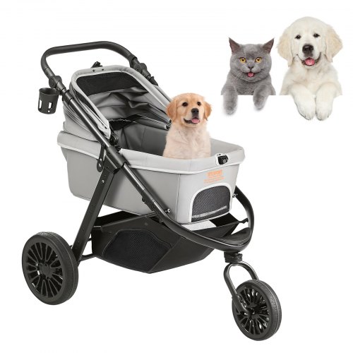 

VEVOR Pet Stroller, 3 PU Wheels Dog Stroller Rotate with Brakes, 75 lbs Weight Capacity, Puppy Stroller with Pet Pad, Storage Basket and External Cup Holder, for Small to Medium Sized Dogs, Grey