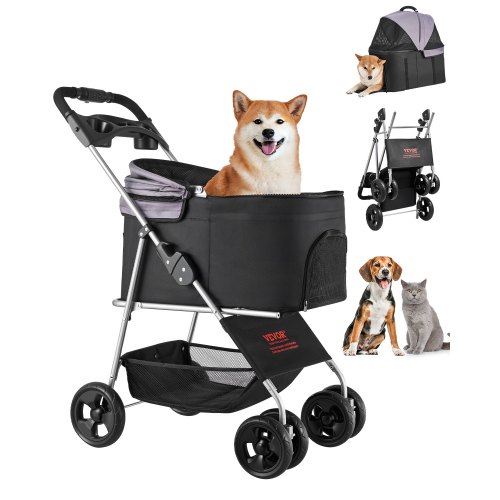 

VEVOR Pet Stroller, 16KG Weight Capacity, Foldable Dog Stroller Cart, 4 Wheels Cats Pram with Detachable Carrier & Mesh Windows, Portable Animal Carrier with Brake for Small to Medium Pets