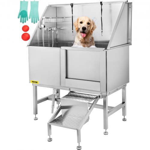VEVOR 50 Inch Dog Grooming Tub Professional Stainless Steel Pet Dog Bath Tub with Steps Faucet & Accessories Dog Washing Station Right-Door