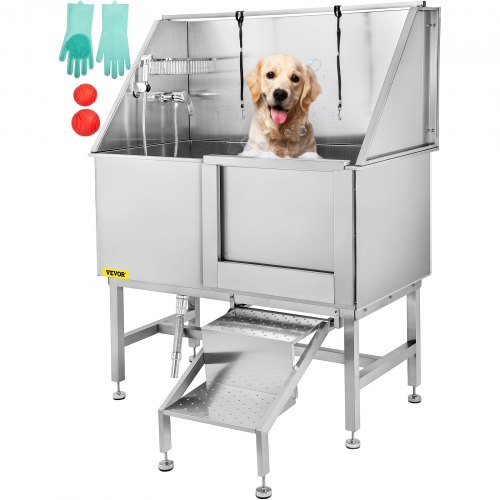 

VEVOR 50 Inch Dog Grooming Tub Professional Stainless Steel Pet Dog Bath Tub with Steps Faucet & Accessories Dog Washing Station Right Door