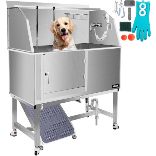 VEVOR Dog Grooming Tub, 50" L Pet Wash Station, Professional Stainless Steel Pet Grooming Tub Rated 330LBS Load Capacity, Non-Skid Dog Washing Station Comes with Ramp, Faucet, Sprayer and Drain Kit