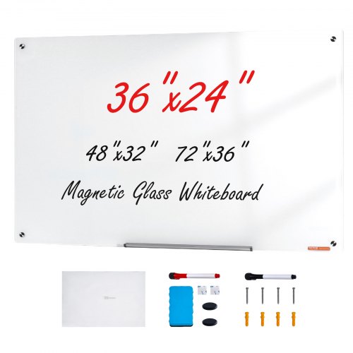 

VEVOR Magnetic Glass Whiteboard, Dry Erase Board 36"x24", Wall-Mounted Large White Glassboard Frameless, with Marker Tray, an Eraser and 2 Markers, White