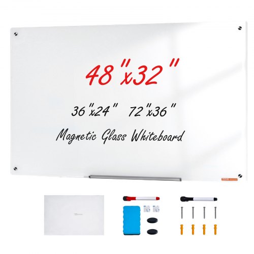 VEVOR Magnetic Glass Whiteboard, Dry Erase Board 48"x32", Wall-Mounted Large White Glassboard Frameless, with Marker Tray, an Eraser and 2 Markers, Wh-image-010568256505
