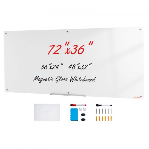 VEVOR Magnetic Glass Whiteboard, Dry Erase Board 72"x36", Wall-Mounted Large White Glassboard Frameless, with Marker Tray, an Eraser and 2 Markers, White logo