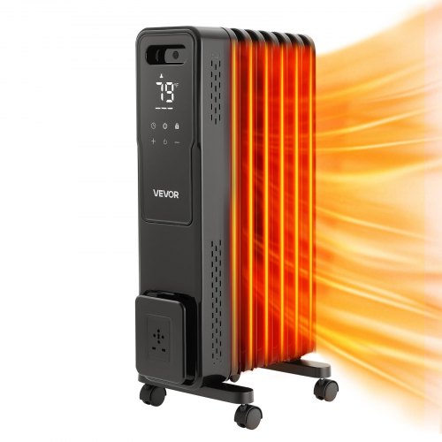 VEVOR Electric Oil Filled Radiator, 1500W Radiant Space Heater with Dual U-shaped Heating Tubes, Over-Heat Protections,3 Heat Settings,24h Timer, Flexible Casters, Remote Control for Indoor,Black
